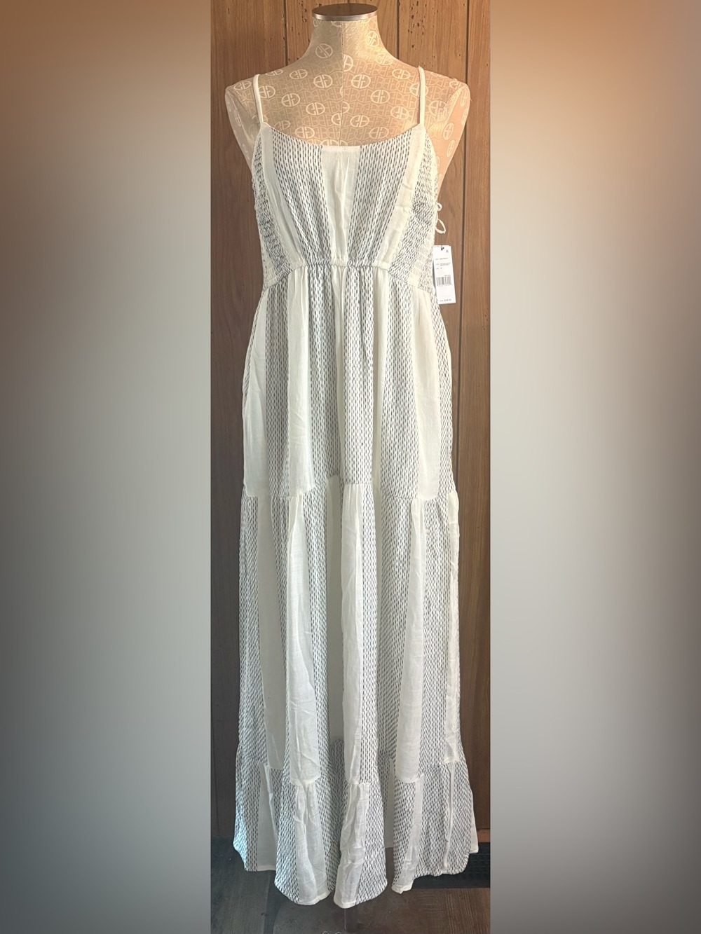 Liverpool White with black Textured Tiered halter Maxi Dress